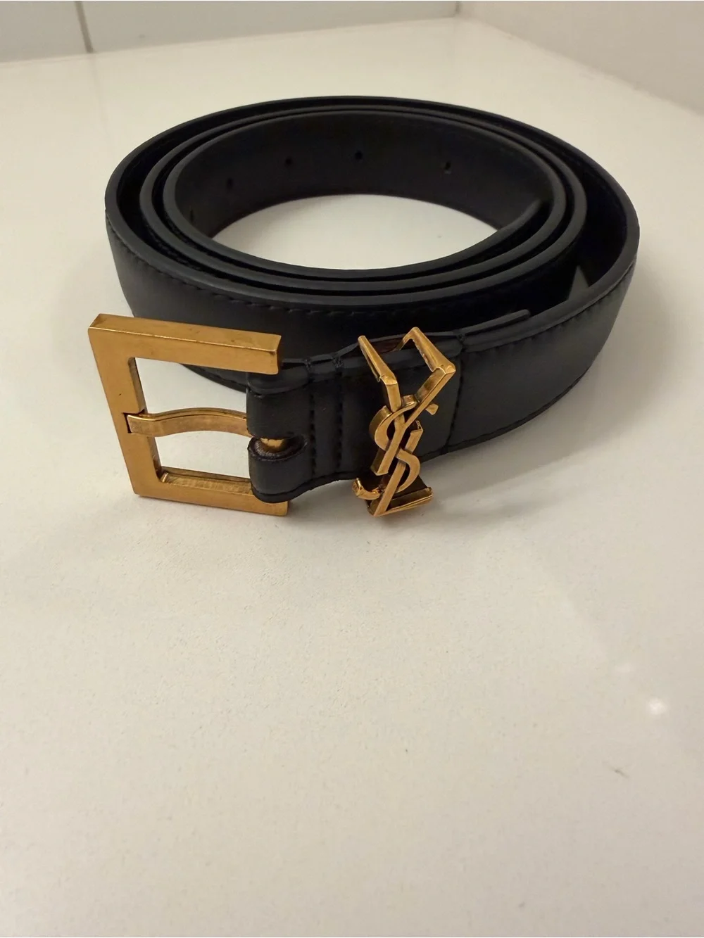 Saint Laurent Paris YSL Black Leather Belt with Gold Buckle